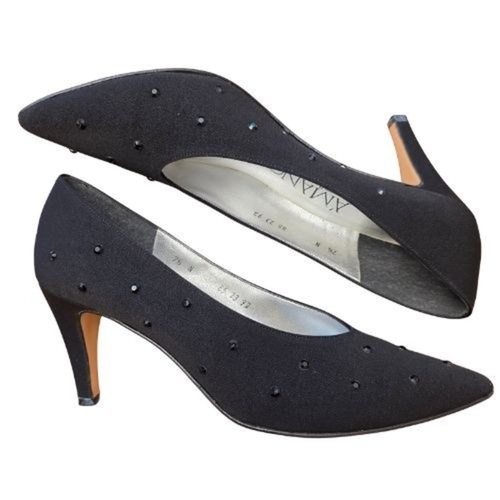 Amano by Hand Womens Black Rhinestone Pointed Toe Kitten Heel Pumps Size 7.5 N